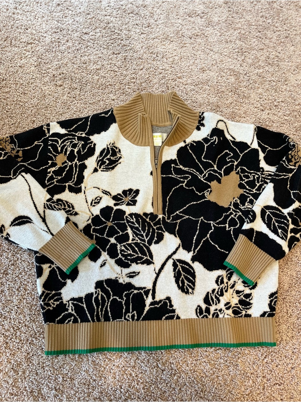 Maeve by Anthropologie XS Half-Zip Floral Sweater in Black, Cream & Tan